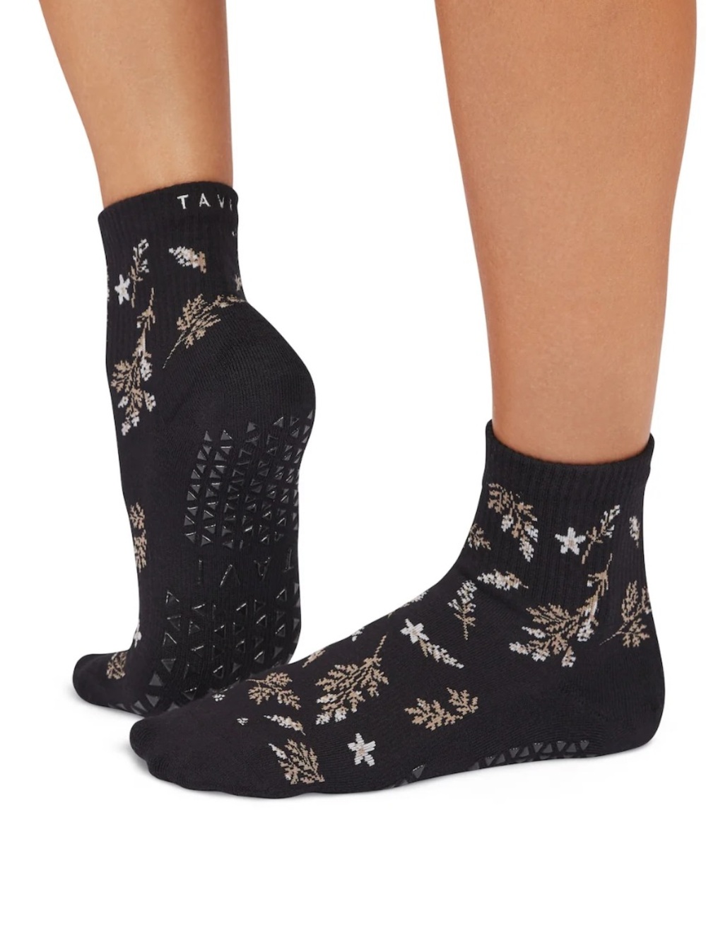 Tavi Aria Grip Socks Quarter Crew - Black Floral Size Small